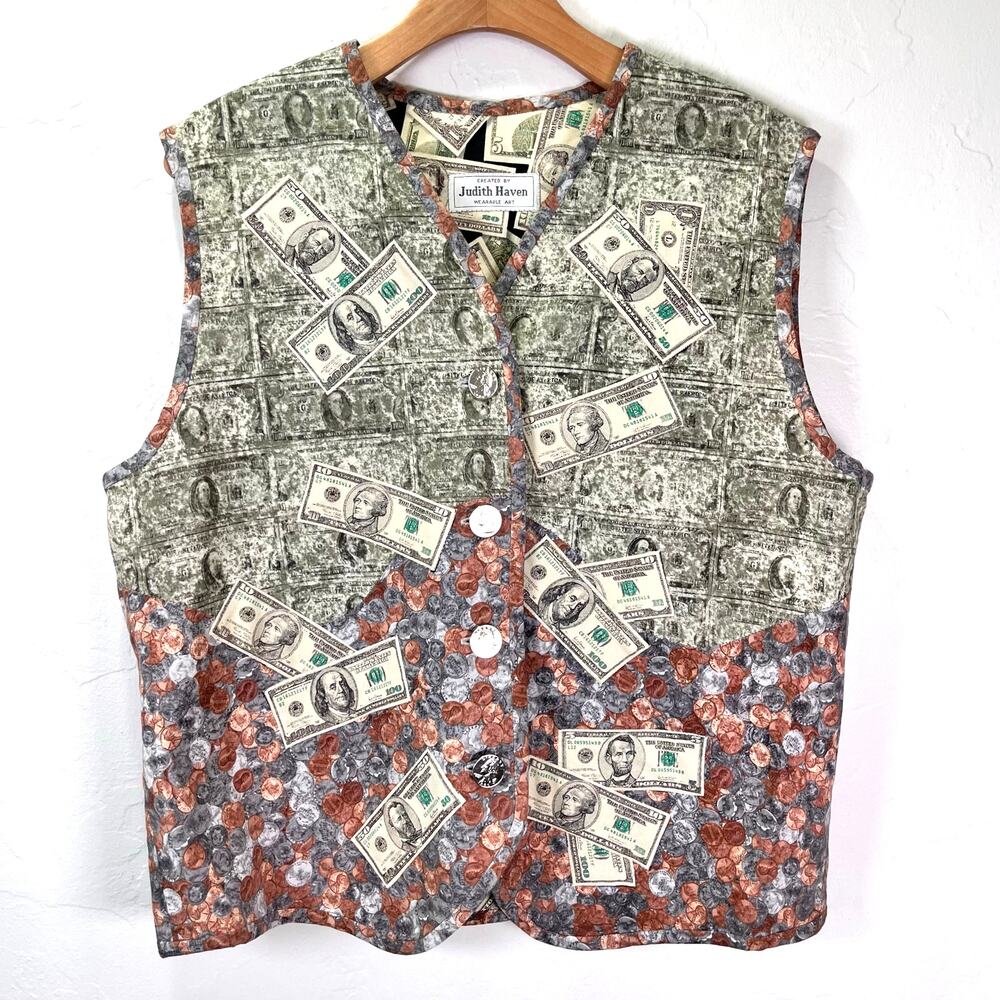 Handmade Money Vest Wearable Art Sz L US Dollar Bills Coins Teacher Accountant